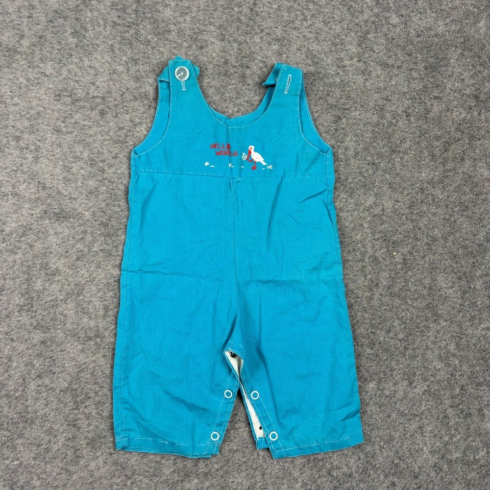 Romper Baby Teal Blue Hello World Stork Embroidery Vintage Surf Preppy 80s 90s - Picture 1 of 10